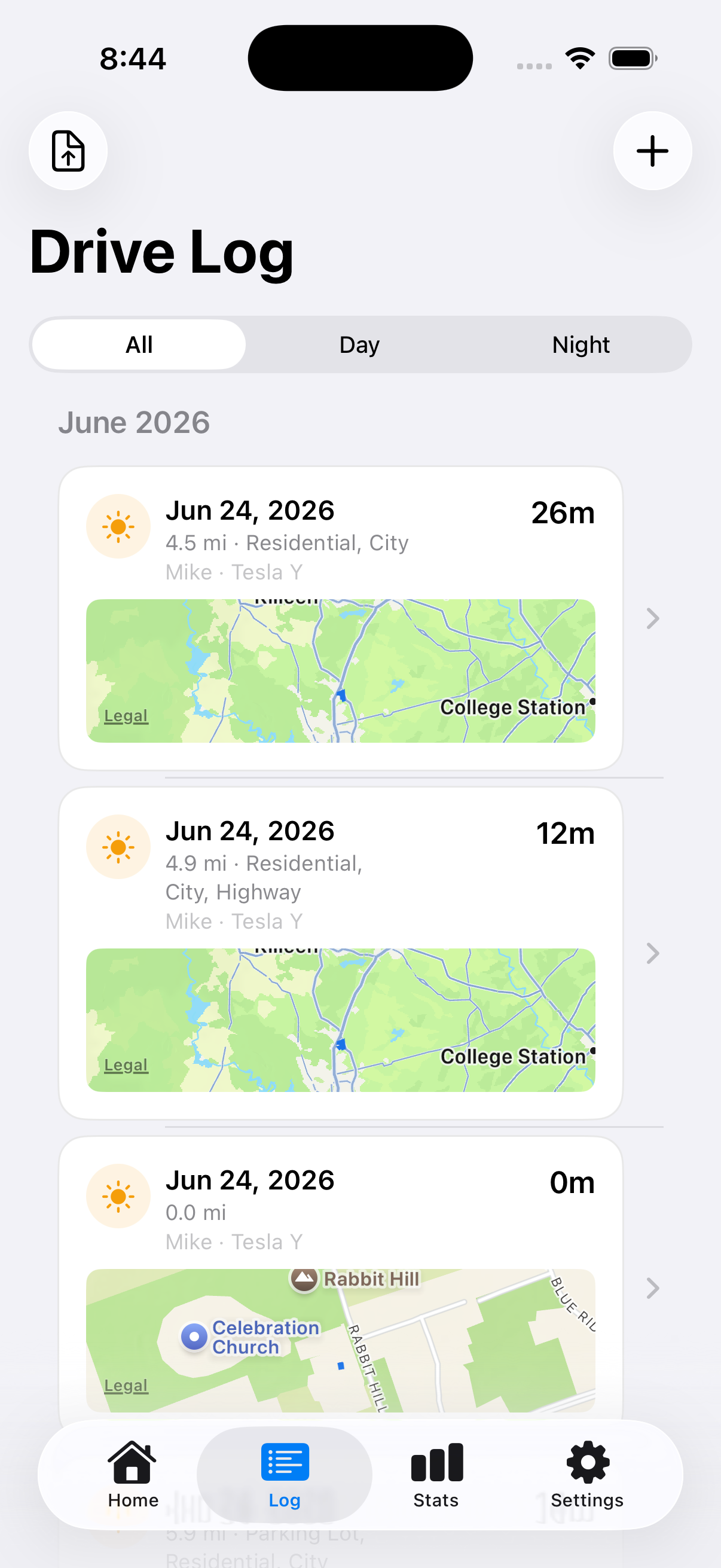 Drive log list with route maps for each drive