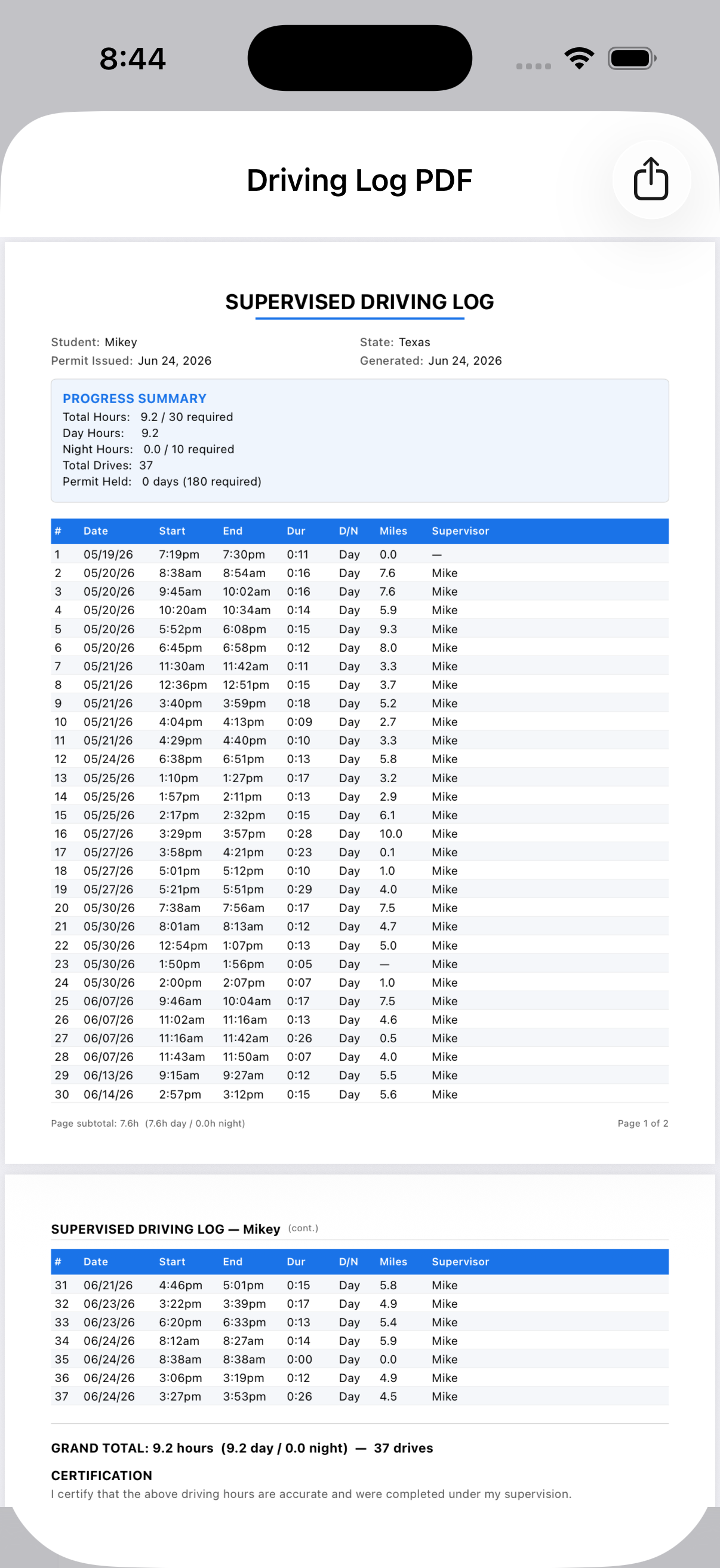 PDF log export preview
