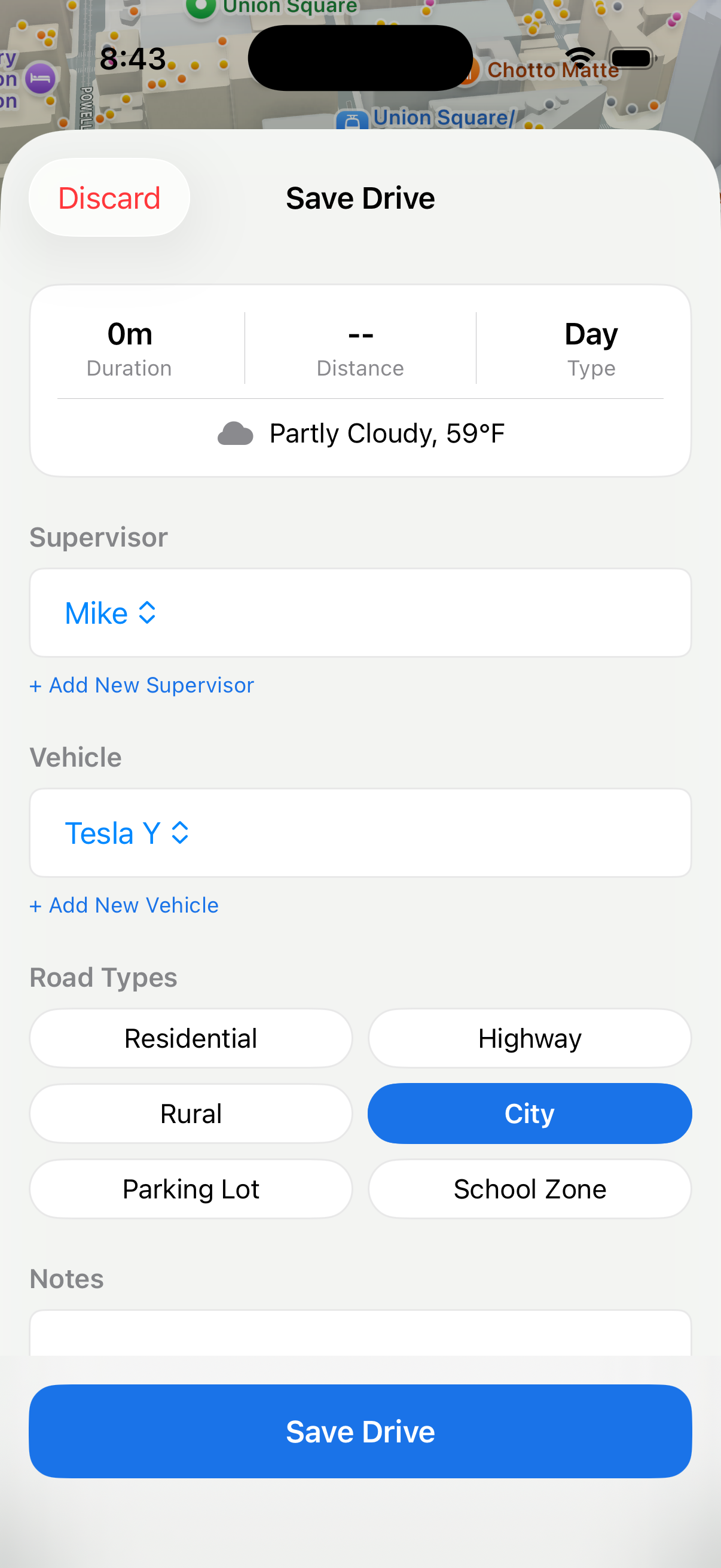 Save drive screen with supervisor, vehicle, and road types